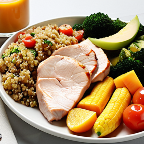 Home 4 **
A nutritious meal for a cancer patient undergoing radiotherapy. Focus on colorful fruits and vegetables, lean protein like grilled chicken or fish, and a whole grain like quinoa or brown rice. Show the meal presented attractively, emphasizing its appeal even to someone with reduced appetite.
**