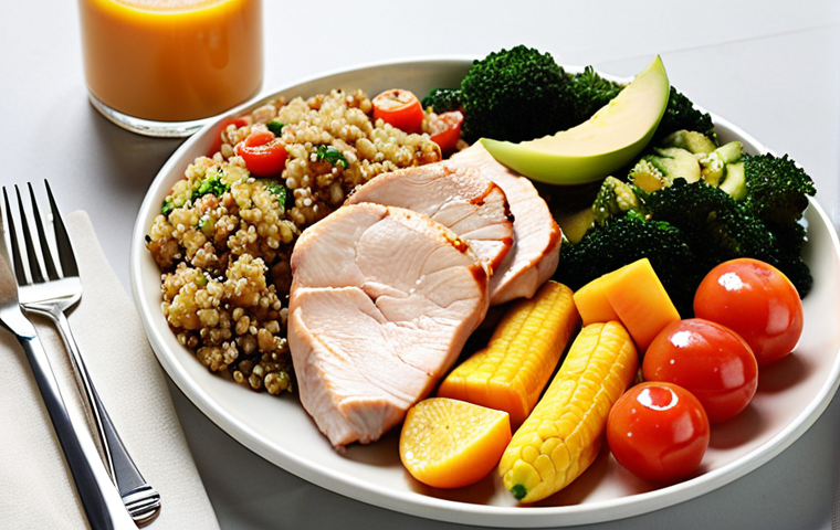 **
A nutritious meal for a cancer patient undergoing radiotherapy. Focus on colorful fruits and vegetables, lean protein like grilled chicken or fish, and a whole grain like quinoa or brown rice. Show the meal presented attractively, emphasizing its appeal even to someone with reduced appetite.
**