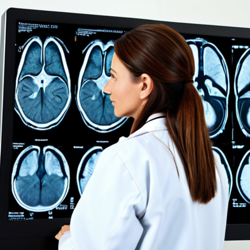 **Prompt 1:** A professional female doctor, fully clothed in a lab coat, examining a CT scan image on a monitor in a modern hospital setting. Safe for work, appropriate content, professional attire, perfect anatomy, natural pose, family-friendly.