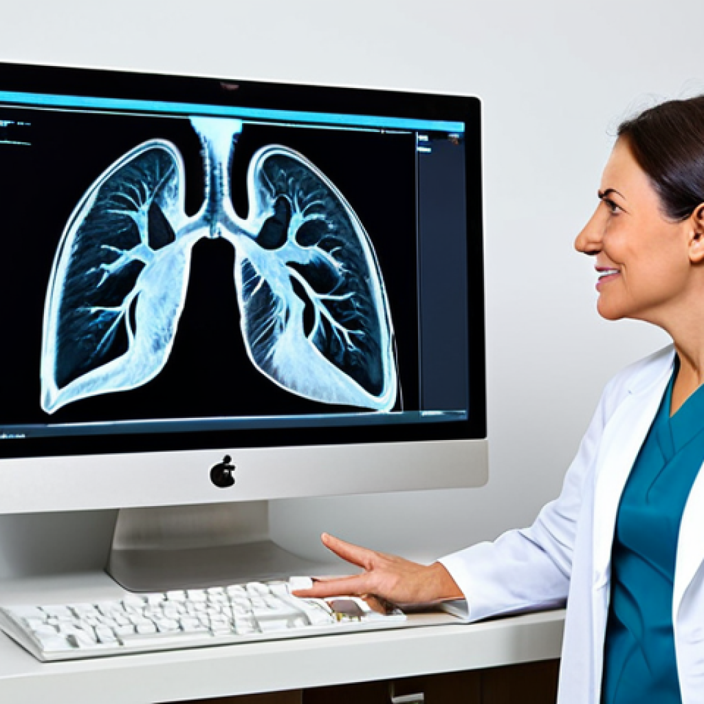 폐암 조기 진단 CT 스캔 - Doctor Explaining CT Scan**

"A friendly female doctor in a clean, modern medical office explaining ...