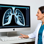 폐암 조기 진단 CT 스캔 - Doctor Explaining CT Scan**

"A friendly female doctor in a clean, modern medical office explaining ...