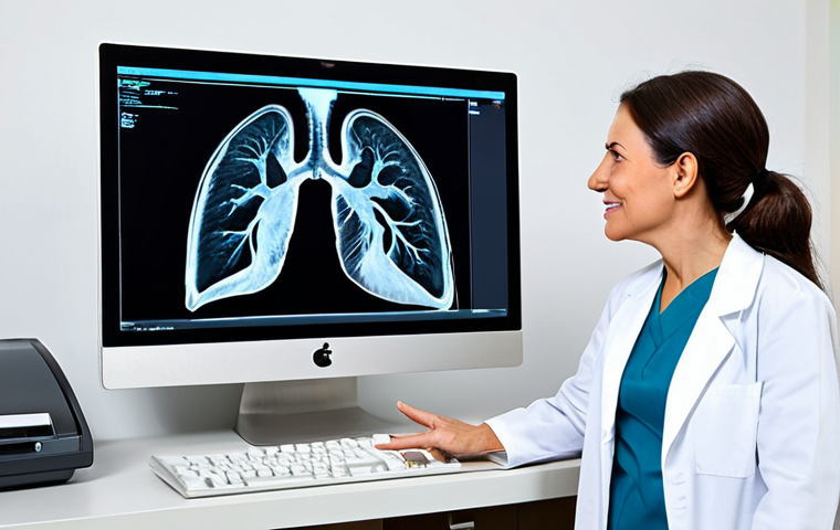 폐암 조기 진단 CT 스캔 - Doctor Explaining CT Scan**
"A friendly female doctor in a clean, modern medical office explaining ...