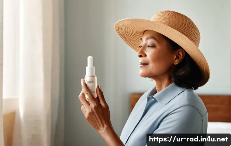 방사선 치료 부작용 관리 - **Prompt:** A serene, middle-aged woman, dressed modestly in a loose-fitting, light-colored cotton s...