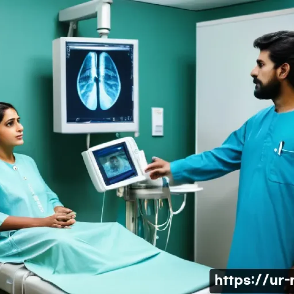 방사선과 진료 절차 - A professional radiology clinic scene in Pakistan featuring a middle-aged Urdu-speaking male patient...