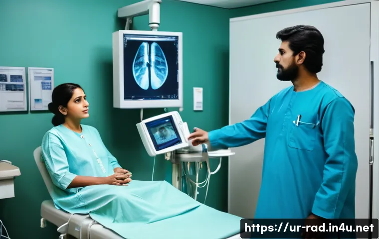 방사선과 진료 절차 - A professional radiology clinic scene in Pakistan featuring a middle-aged Urdu-speaking male patient...
