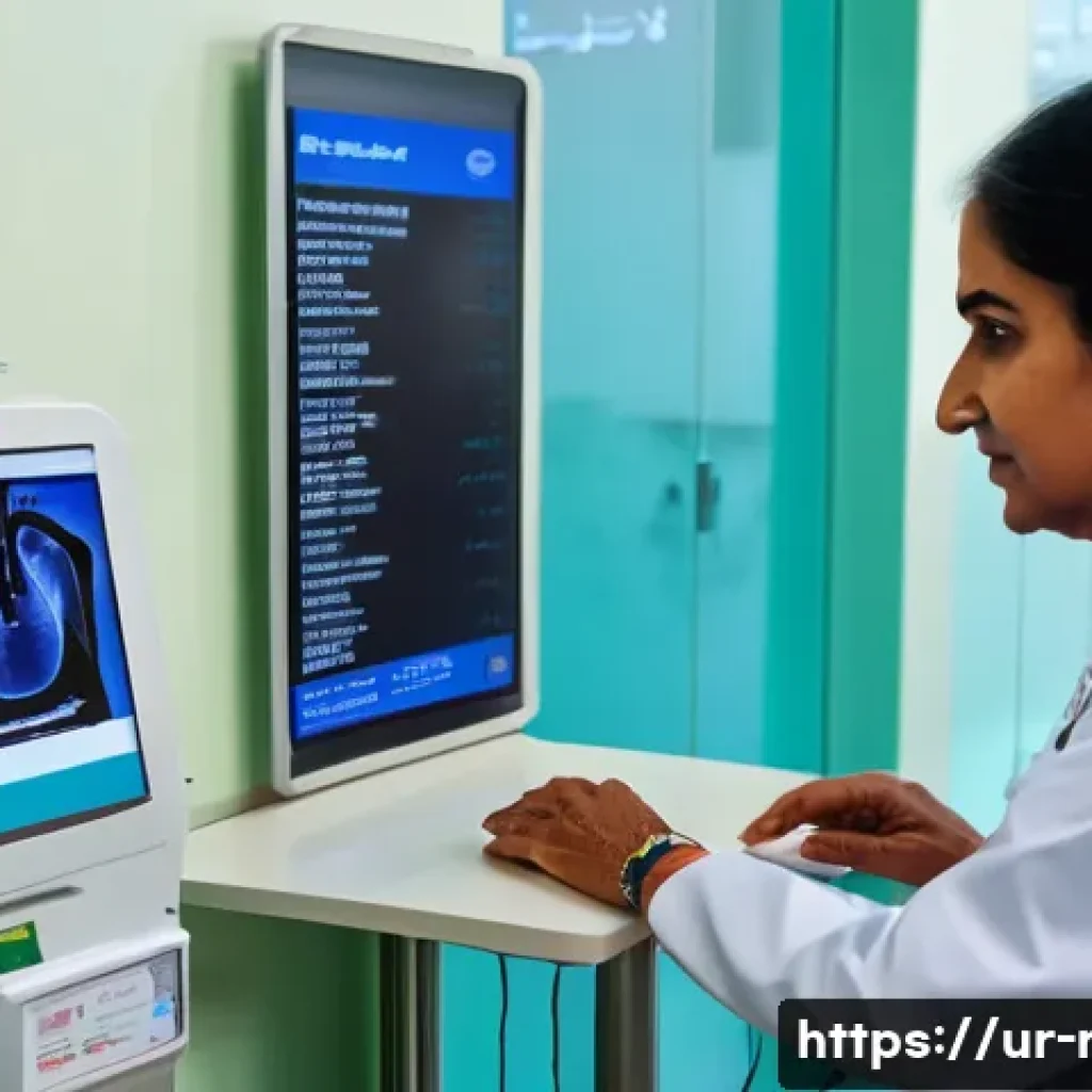 골밀도 검사 비용 비교 - A modern government hospital setting in Karachi, Pakistan, showing a middle-aged South Asian woman w...
