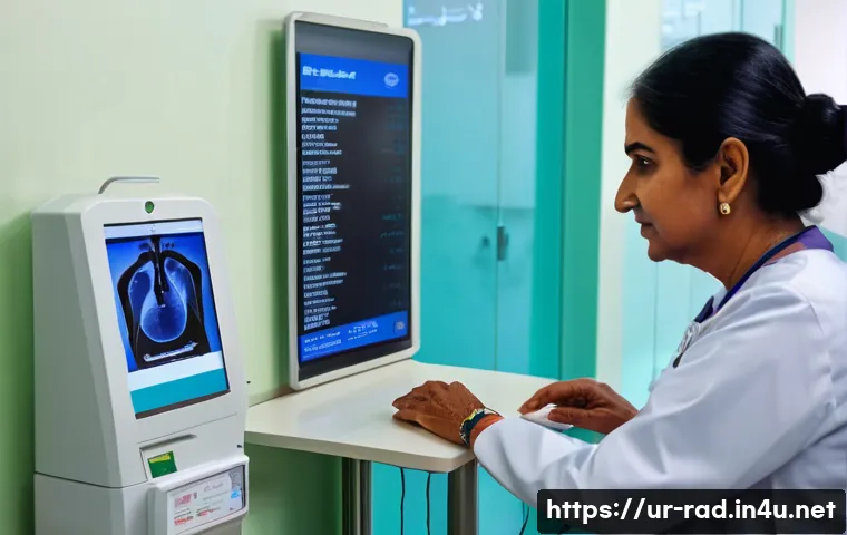 골밀도 검사 비용 비교 - A modern government hospital setting in Karachi, Pakistan, showing a middle-aged South Asian woman w...