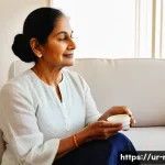 Home 22 방사선 치료 장기 부작용 - A compassionate middle-aged South Asian woman sitting comfortably in a warmly lit living room, gentl...