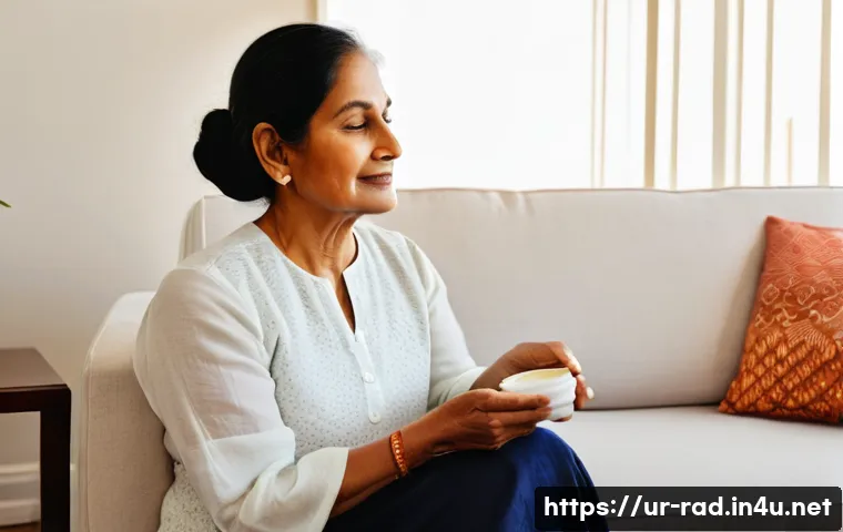 방사선 치료 장기 부작용 - A compassionate middle-aged South Asian woman sitting comfortably in a warmly lit living room, gentl...