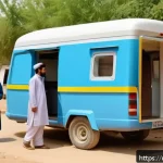 Home 21 CT와 MRI 활용 사례 - A modern medical clinic scene in rural Pakistan featuring a mobile MRI van parked outside a small vi...