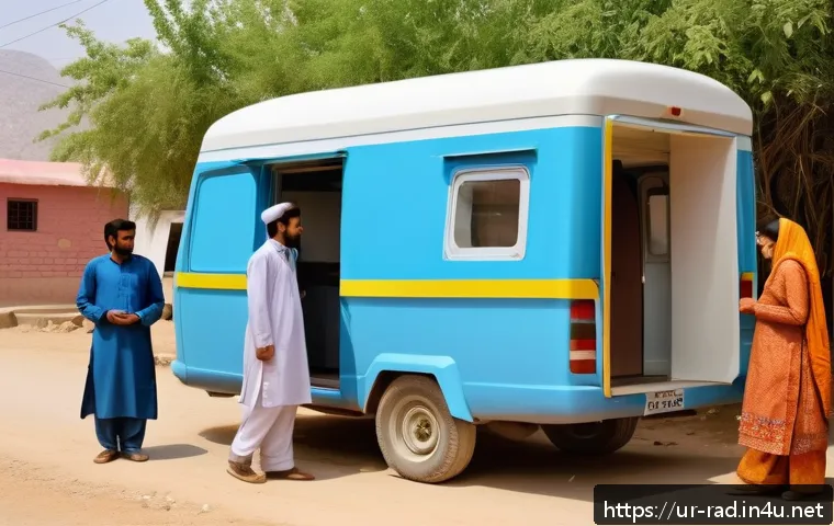 CT와 MRI 활용 사례 - A modern medical clinic scene in rural Pakistan featuring a mobile MRI van parked outside a small vi...