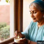 Home 20 방사선 치료를 받는 환자 후기 - A middle-aged South Asian woman in modest, loose-fitting clothing, gently applying moisturizing crea...