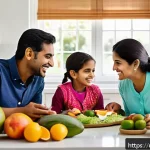 Home 18 골밀도 검사와 방사선 안전성 - A detailed and culturally respectful image of a South Asian family enjoying a healthy meal together ...