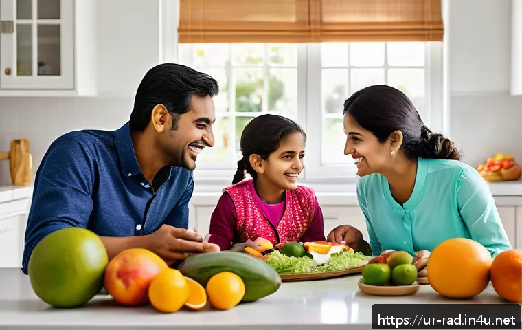 골밀도 검사와 방사선 안전성 - A detailed and culturally respectful image of a South Asian family enjoying a healthy meal together ...