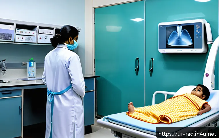소아 방사선 검사 안전성 - A modern pediatric radiology room in a hospital in Pakistan, showcasing advanced digital X-ray and u...