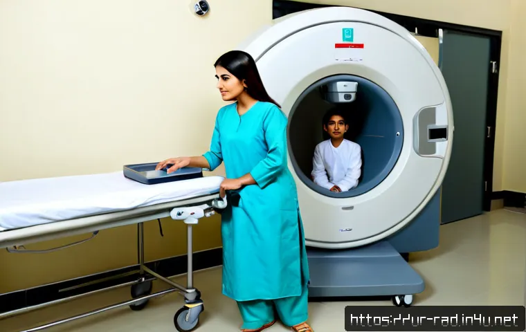 MRI 검사 부작용과 관리법 - Photorealistic hospital MRI preparation scene in Pakistan, a calm adult Urdu-speaking patient wearin...