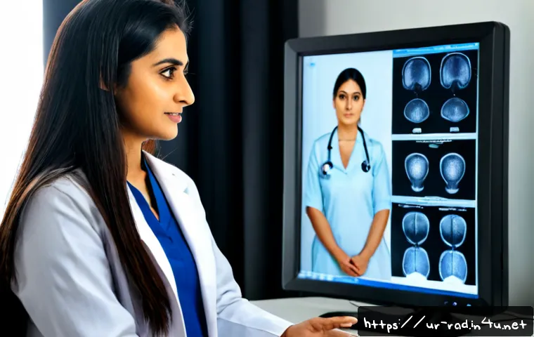 골밀도 검사 결과 해석법 - Photorealistic Pakistani female doctor in modest white coat calmly explaining a bone density scan to...